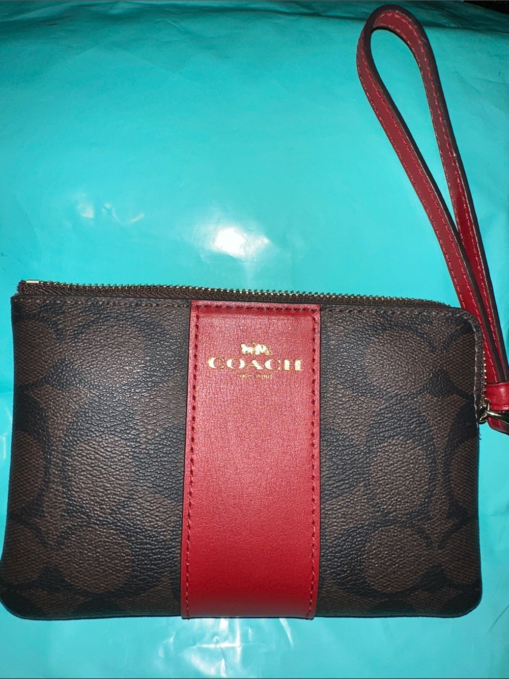 NWT COACH Brown Signature Wristlet with Red Center Stripe